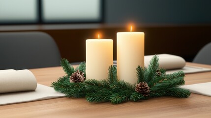Two lit candles surrounded by evergreen decor and pine cones, set on a wooden table, providing a cozy, festive atmosphere