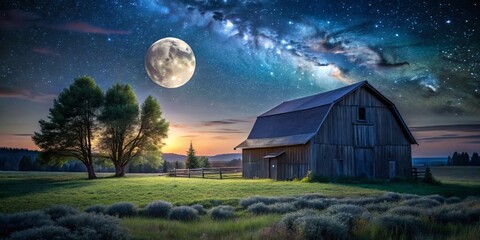 Serene Night Landscape Featuring a Barn Under a Starry Sky with Moonlight Reflections on the Nearby Fields, Ideal for Nature Lovers and Rural Photography Enthusiasts