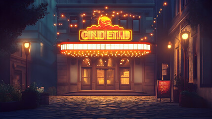 Obraz premium A vintage movie theater with a marquee sign and glowing lights.