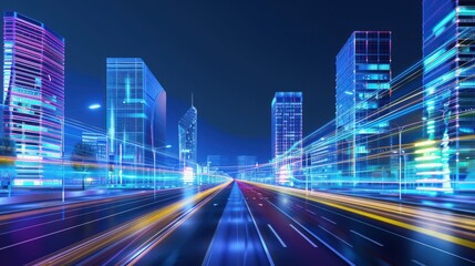 Futuristic cityscape with glowing lines and neon lights, showcasing a technology concept that embodies innovation and vibrant urban living.