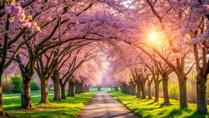 Fototapeta premium A winding path through a majestic canopy of blooming trees, bathed in the golden glow of a setting sun, creates a breathtaking springtime scene.