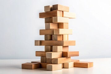 Silhouette of a Towering Heap of Wooden Blocks Game Isolated on a Clean White Background, Capturing the Essence of Strategy, Fun, and Competition in Minimalist Design