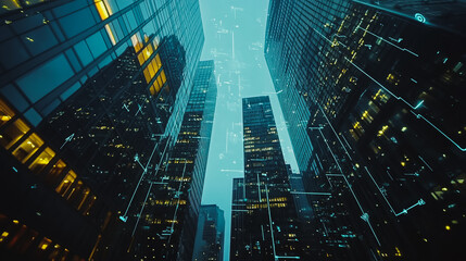 Obraz premium Smart digital Innovation city Business skyscrapers in the Financial District with connection network reciprocity over the cityscape. of future smart wireless digital city and social media networking