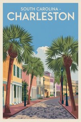 Naklejka premium Vintage Travel Poster of Charleston, South Carolina: A Charming Street Scene with Colorful Houses and Lush Palm Trees Under a Bright Blue Sky