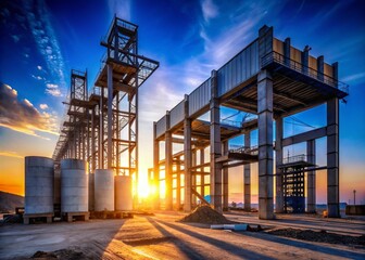 Silhouette of Precast Concrete Plant Under Blue Sky at Construction Site in Thailand, Storage Yard Area for Concrete Tunnel Segments, Perfect for Template Use