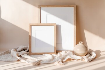 Pair of wooden frames with vase in bright natural light