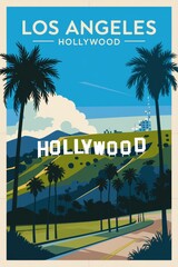 Obraz premium Vintage Travel Poster: Explore Los Angeles with its Iconic Hollywood Hills, Lush Palm Trees, and Retro Design â€“ A Nostalgic Tribute to Californias Glamour