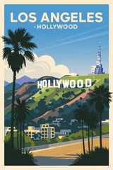 Vintage Travel Poster: Explore the Enchantment of Los Angeles - Hollywood Hills, Palm Trees, and Iconic Landmarks Await Your Adventure