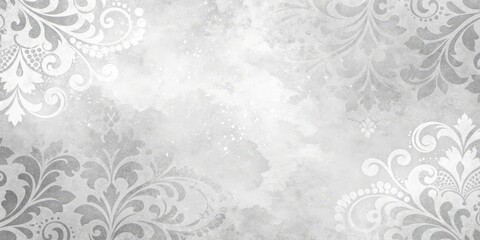 Obraz premium A white background with a subtle gray damask pattern and faint watercolor splatter for elegant designs