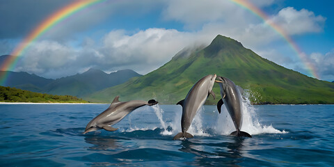 Fototapeta premium dolphins jumping out of the sea in beautiful island, created by Generative AI