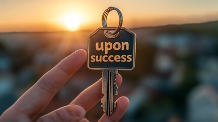 Person holding the words upon success key, Sunset time a person holding success key
