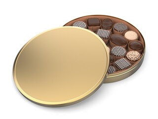 Chocolate gift tin container blank template 3d render illustration.