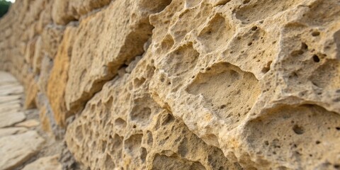 A close-up view of a textured stone wall, showcasing the intricate patterns and unique formations of weathered rock.