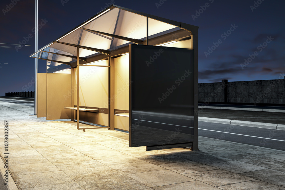 Poster modern bus stop mockup with blank billboard at dusk. 3d rendering