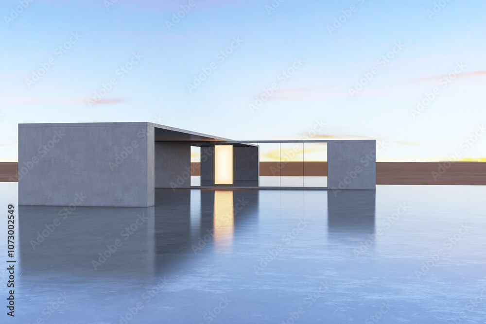 Poster Modern Architectural Structure at Sunset. 3D Rendering