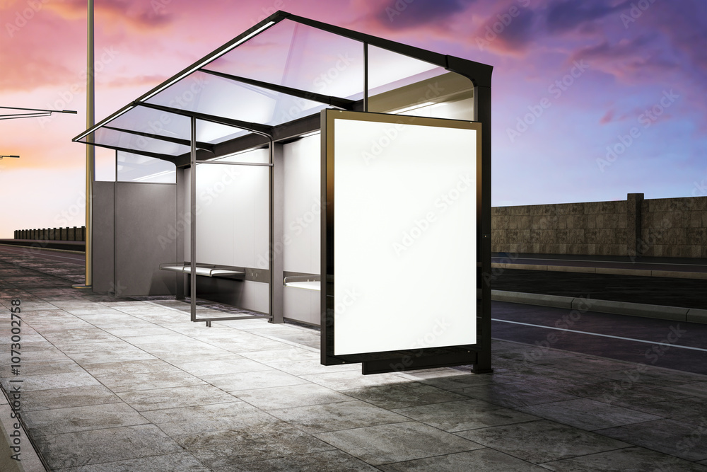 Poster Modern Bus Stop Billboard Mockup at Dusk. 3D Rendering