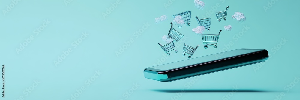 Aufkleber shopping carts floating on clouds are emerging from a smartphone, representing the concept of online