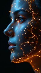 Obraz premium Close-up of a woman's face with energy meridians illuminated in orange light, digital art
