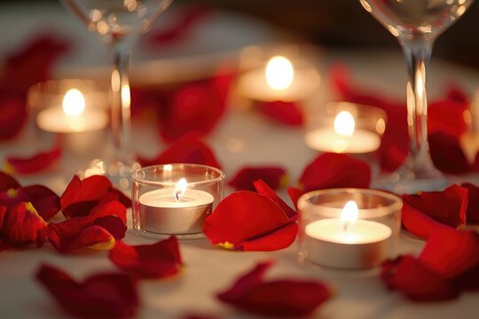 A candle-lit dinner setup with rose petals, wine glasses, and soft, warm lighting for a romantic evening.