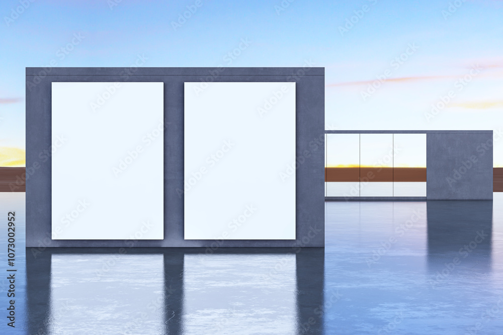 Poster modern outdoor building with large blank posters. 3d rendering