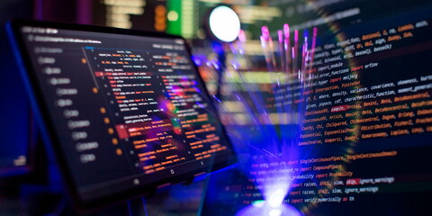 Running Computer data programming. Coding script text on screen. Notebook closeup photo.