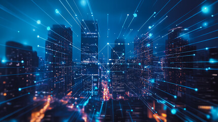 Fototapeta premium Smart digital Innovation city Business skyscrapers in the Financial District with connection network reciprocity over the cityscape. of future smart wireless digital city and social media networking