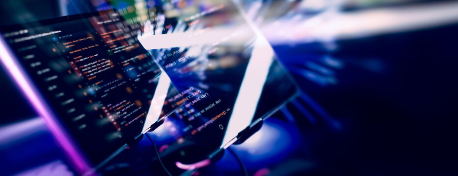 Technology background. Computer script. Programming code abstract screen of software developer.
