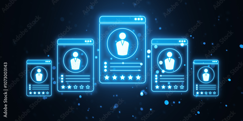 Aufkleber Digital profiles with user avatars and ratings in neon blue on a dark background. Concept of virtual social network interface. 3D Rendering