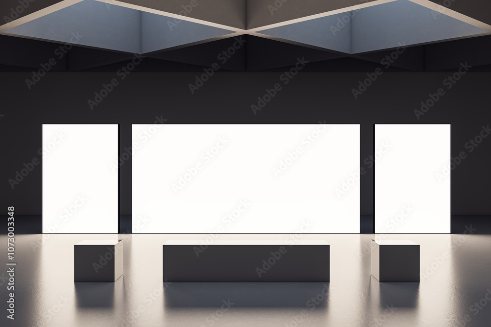 Poster modern exhibition space with blank displays in dark interior. 3d rendering