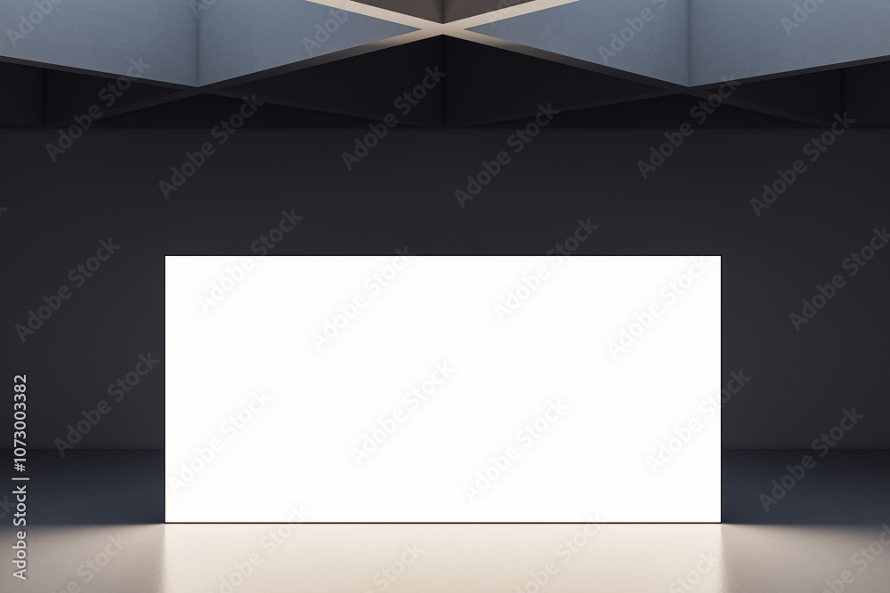 Poster modern exhibition space with blank screen on dark background. 3d rendering