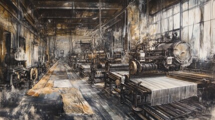 A vintage, industrial textile factory with rows of old looms weaving fabric.