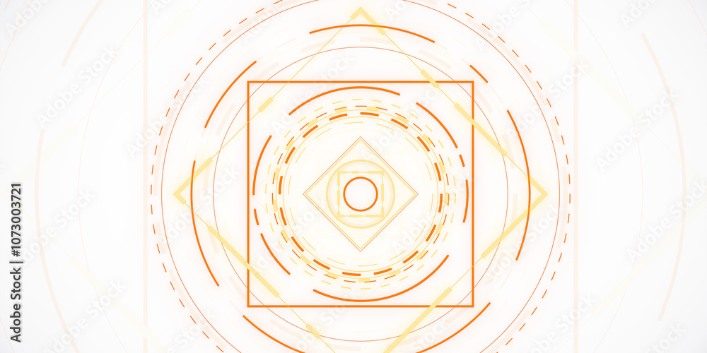 Poster Abstract geometric pattern with concentric circles and lines in orange and yellow on a white background. 3D Rendering