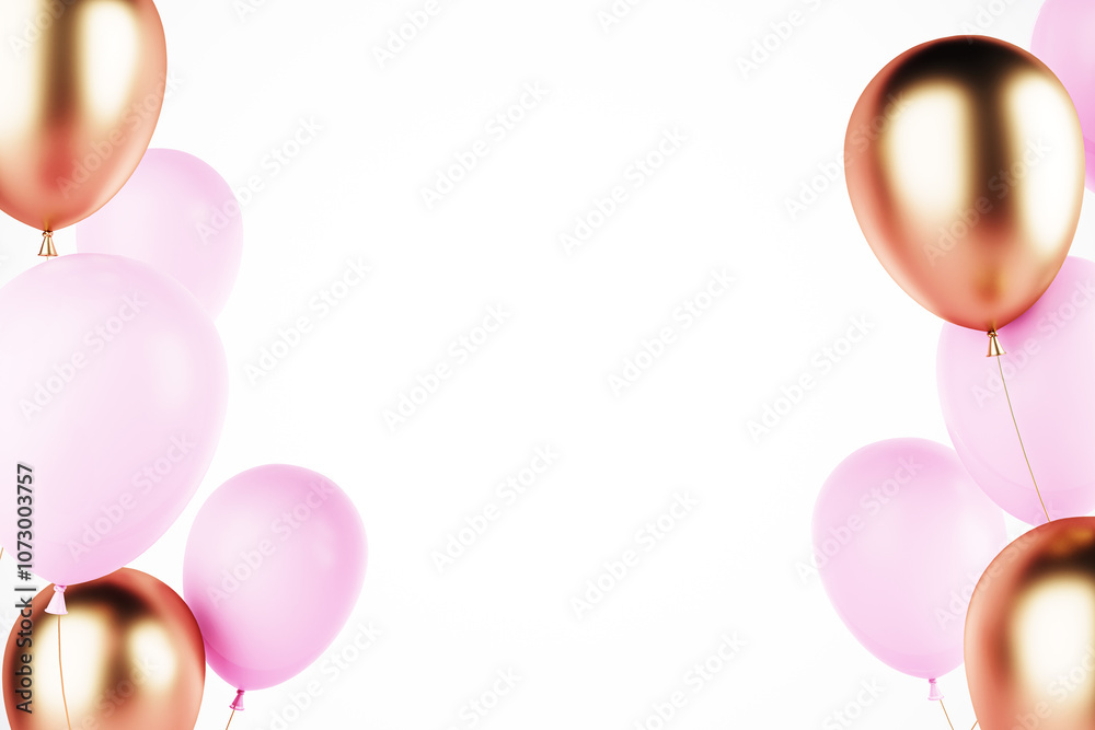 Poster pink and golden balloons floating on a white background. 3d rendering