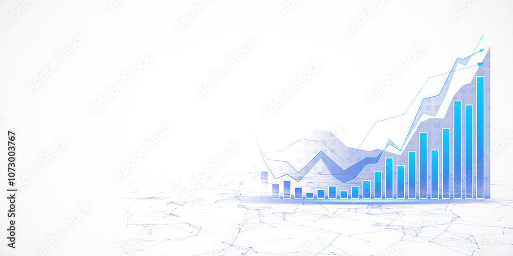 Poster abstract rising bar and line chart with blue colors on white background, representing business growt