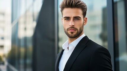Fototapeta premium A man in a suit and tie stands in front of a building