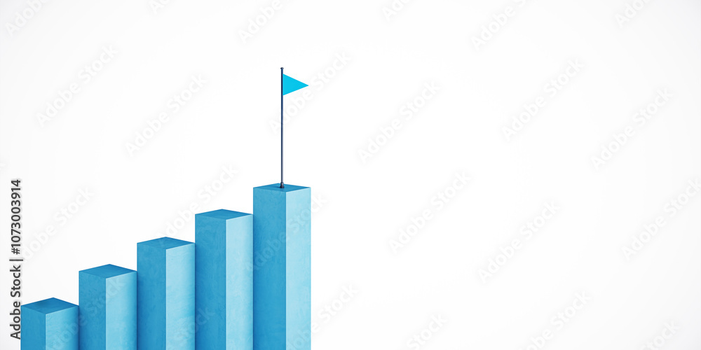 Poster growth chart with ascending blue bars and a flag on top, representing success and achievement on whi