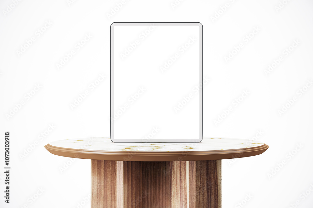 Poster Tablet with blank white screen on a round wooden table. Minimalistic design on a light background. 3D Rendering