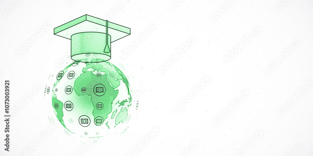 Poster globe with graduation cap and book icons floating, symbolizing global education and learning. 3d ren