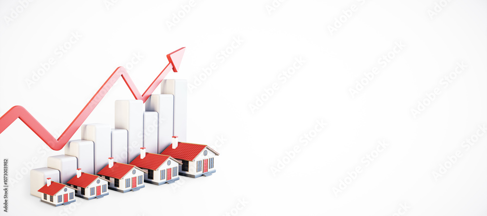 Poster rise in real estate market with upward trend graph and increasing property value. small houses and b