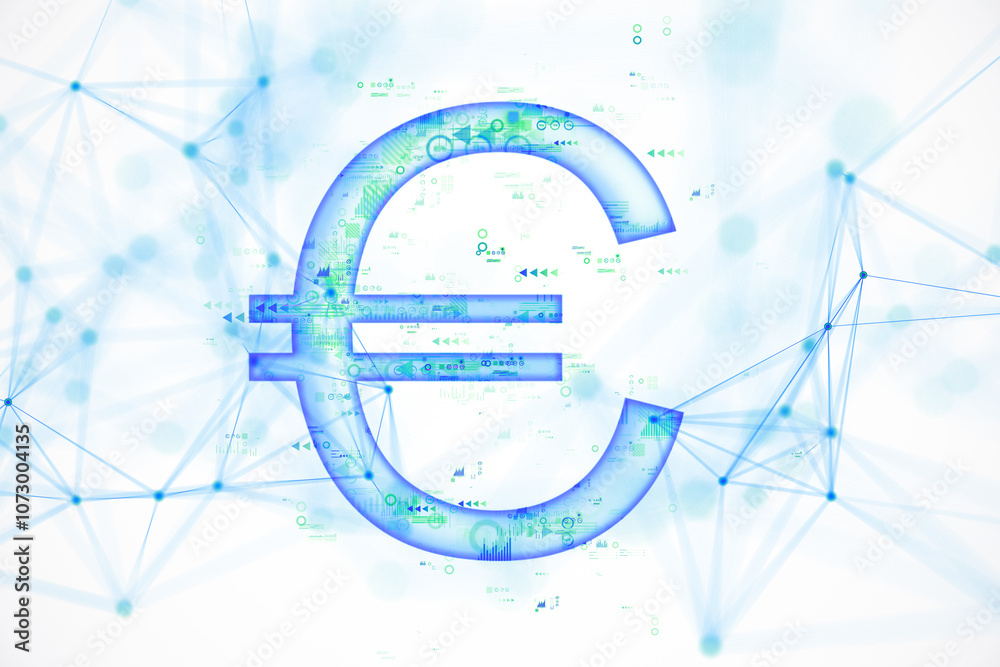 Poster Digital Euro symbol with abstract technological elements on light futuristic background. 3D Rendering