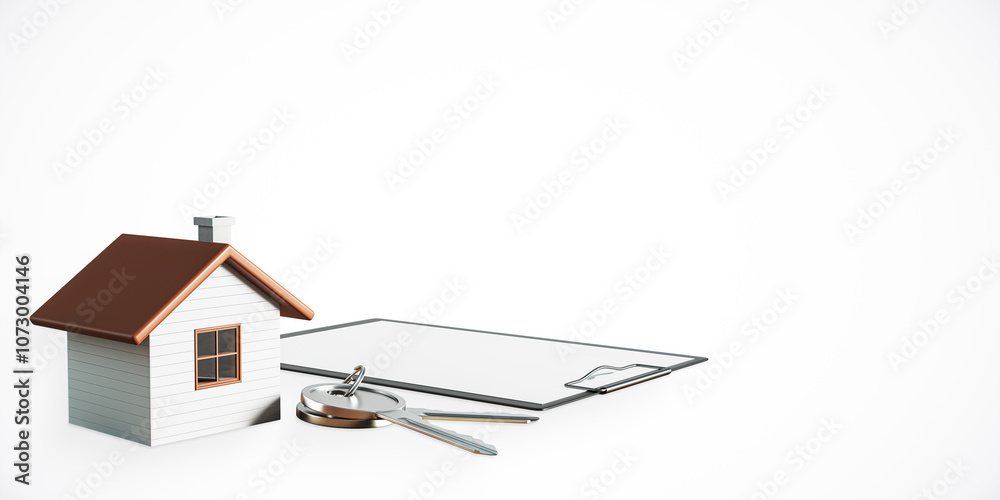 Poster Small house model with keys and clipboard on a light background, representing real estate or property management. 3D Rendering