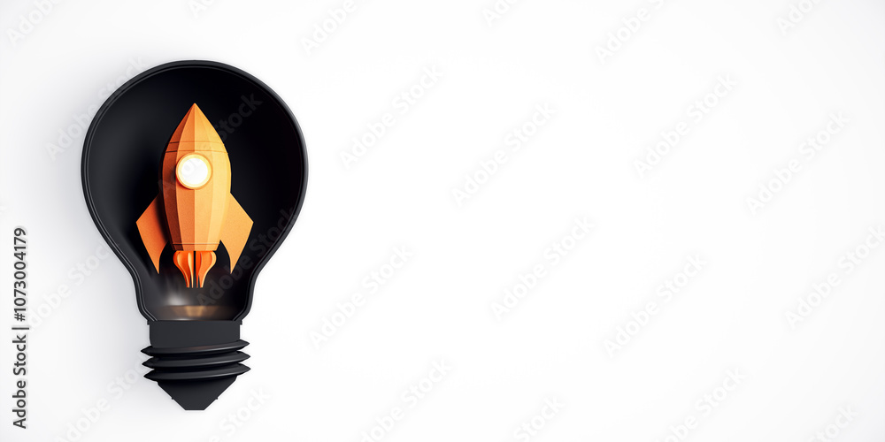Aufkleber rocket inside a lightbulb symbolizing innovation and creativity on a white background. 3d rendering