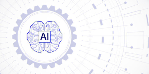 Fototapeta premium AI circuit brain inside gear with technology patterns on white background. Concept of artificial intelligence and innovation. 3D Rendering