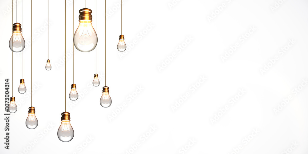 Poster Hanging light bulbs on strings with a white background. Concept of creativity and innovation in business and technology. 3D Rendering