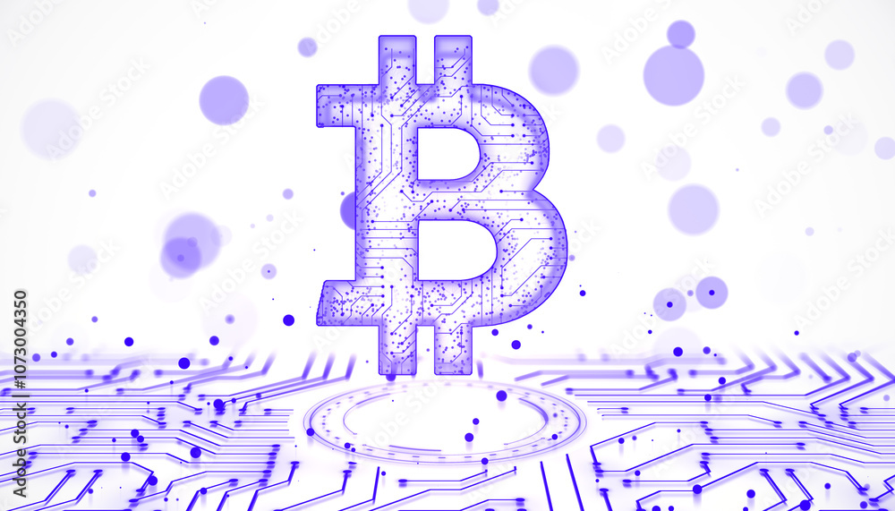 Aufkleber Bitcoin symbol with circuit patterns and abstract dots on white background. 3D Rendering