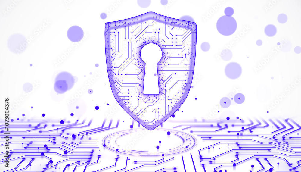 Aufkleber Cyber security shield with a circuit board design representing data protection on light white background. 3D Rendering