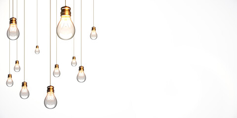 Hanging light bulbs on strings with a white background. Concept of creativity and innovation in business and technology. 3D Rendering