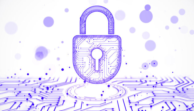 Digital padlock icon with circuit board pattern on white background, symbolizing data security and technology. 3D Rendering