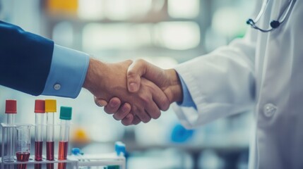 Doctor and medical researcher shake hands in a laboratory setting surrounded by scientific equipment