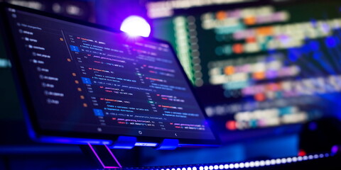 IT business.Monitor closeup of function source code. Project managers work new idea.